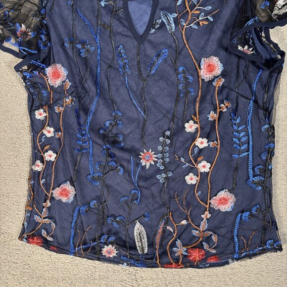 NWT CBR Top Womens Size‎ M Navy Blue Layered Mesh Embroidered Ditsy Forest Fairy - Picture 3 of 14